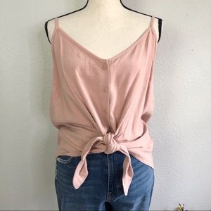 Topshop Button Front Tie Hem Linen Blend Tank Top